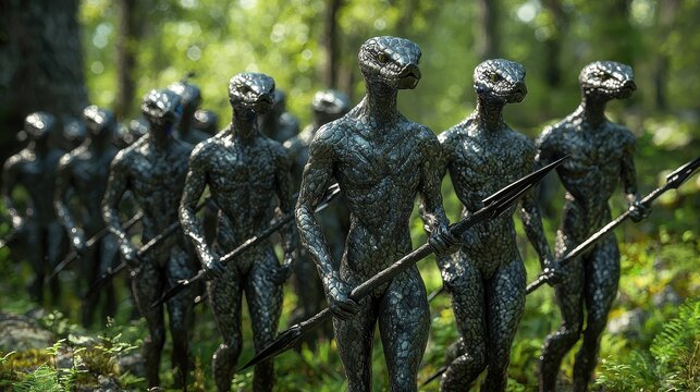 Reptilian Creatures Armed With Spears in a Forest