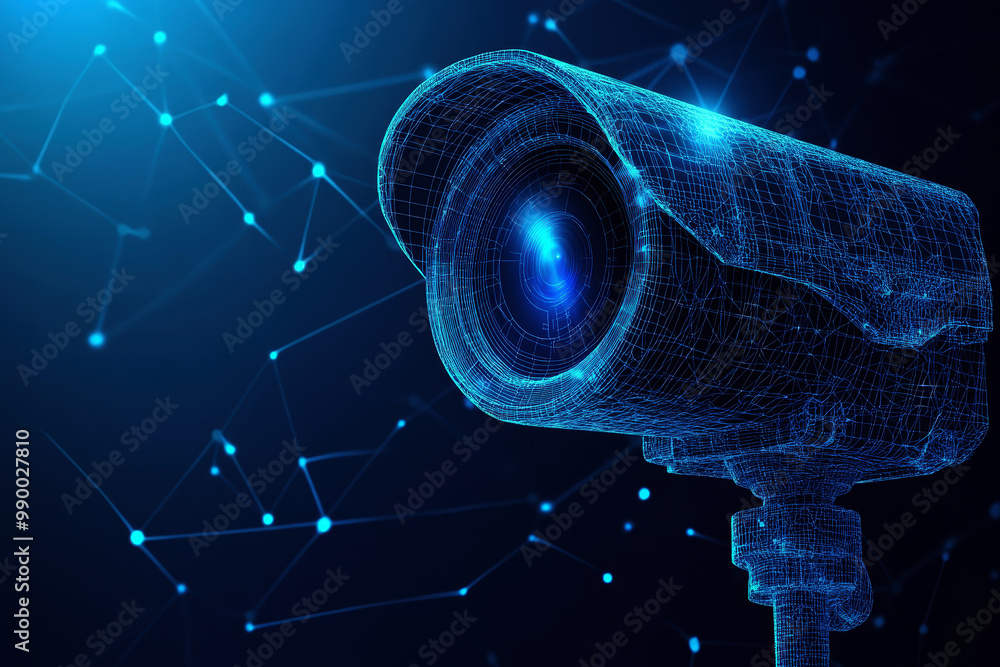 Poster a low polygon cctv security camera wireframe mesh displayed on a blue background.