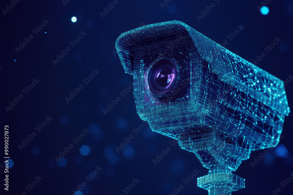 Poster a low polygon cctv security camera wireframe mesh displayed on a blue background.