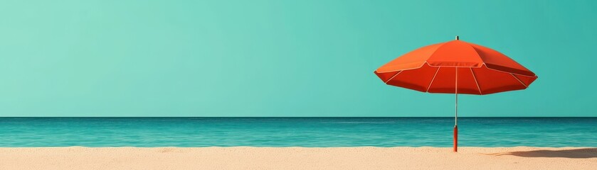 A vibrant orange umbrella on a serene beach with clear turquoise waters and soft sand, perfect for summer relaxation.