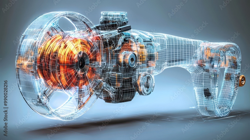 Poster d wireframe model of a tool with a rotating wheel