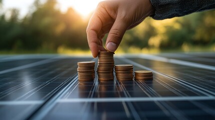 Obraz premium hand holding coins in front of solar panels, showcasing the concept of energy and money savings, renewable energy solutions, and financial efficiency in sustainable green power investments