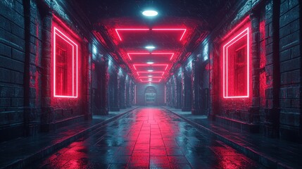 Neon Lights in Wet Alleyway at Night