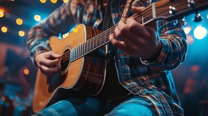 Naklejka premium live concert performance of a famous guitarist strumming an acoustic guitar on stage, showcasing musical talent, audience energy, and the captivating sound of guitar strings in the spotlight