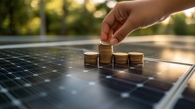 hand holding coins in front of solar panels, showcasing the concept of energy and money savings, renewable energy solutions, and financial efficiency in sustainable green power investments - Powered by Adobe