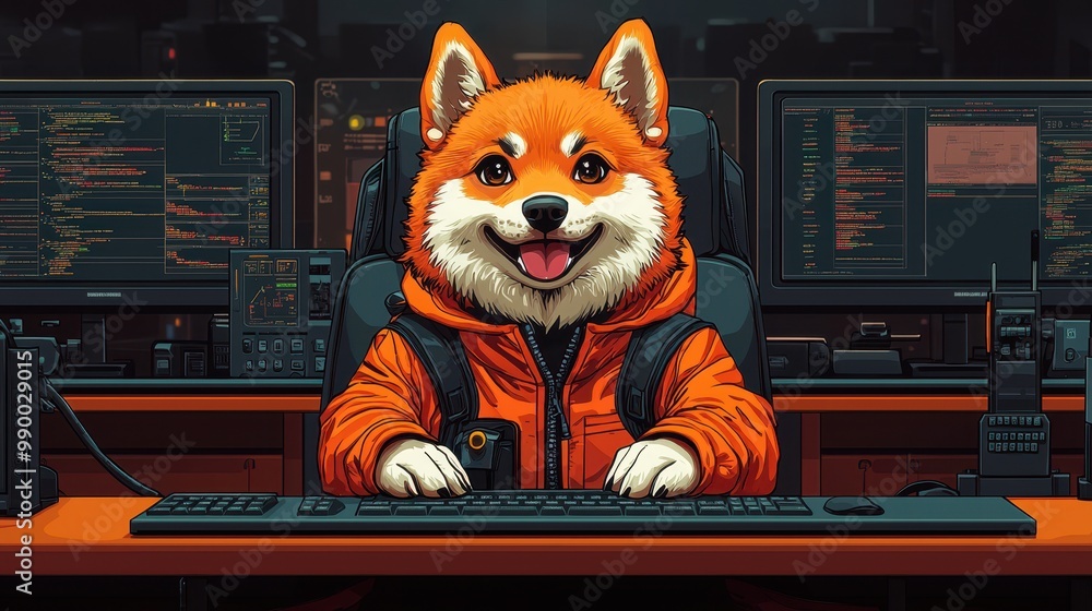 Poster shiba inu dog working on a computer with code on screen