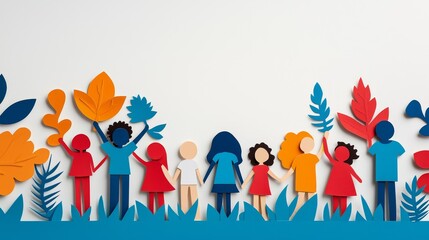 Fototapeta premium Sustainable Development and ESG Concept with Colorful Paper Cut Art Illustrating Community, Nature, and Diversity