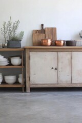 Modern Kitchen with Antique Sideboard and Copper Pots, Morning Light, Minimalist Sustainable Design Concept