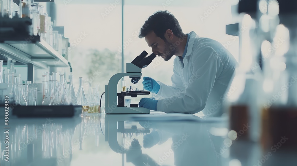 Poster scientist examining a sample under a microscope in a laboratory setting.