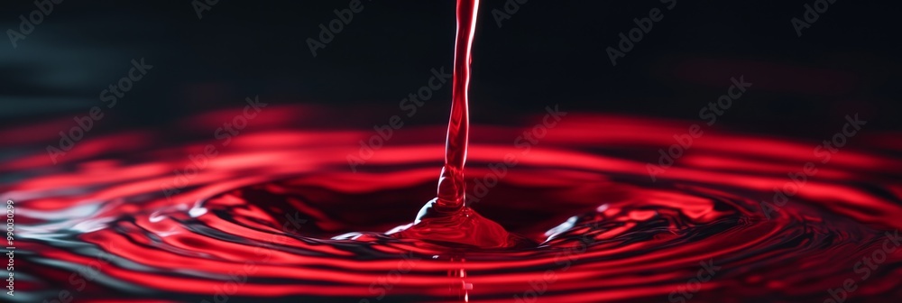 Poster a close-up of red liquid being poured into a dark surface, creating ripples and concentric circles. 