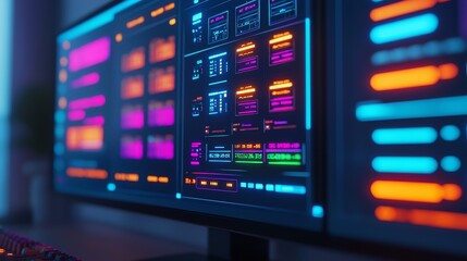 Futuristic Smart Home Control Panel with Vibrant Interface Displaying Various Technology Features and Settings