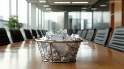 A trash bin filled with crumpled papers in a vacant boardroom, symbolizing wasted efforts and lack of direction.