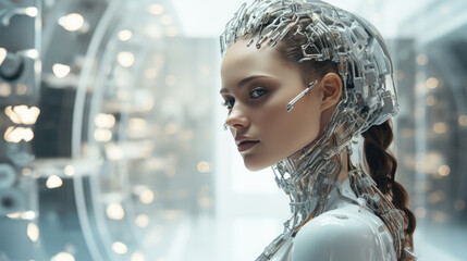 generated illustration of  beautiful woman robot cyborg digital technology on brain concept machine deep learning