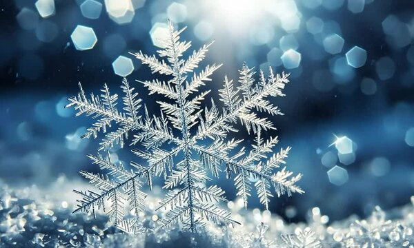 Macrophotographie d'une fleur de givre d'un flocon de neige avec un effet bokeh sur fond bleu, beaut&eacute; cristalline des d&eacute;tails hivernaux et une ambiance froide et po&eacute;tique