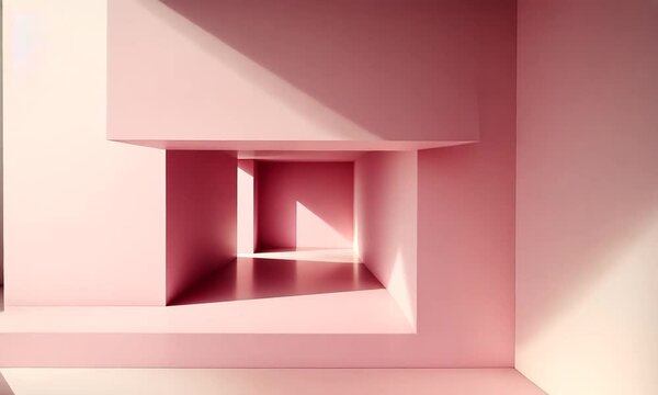 Succession de couloirs et pi&egrave;ces architecturales modernes dans les tons roses, esth&eacute;tique contemporaine et minimaliste avec des espaces lumineux et g&eacute;om&eacute;triques