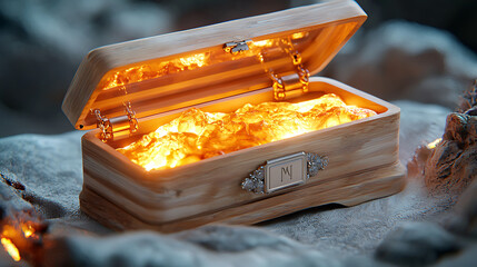 beautifully crafted jewelry box with warm glow emanating from within, showcasing intricate details and personalized touch. This elegant piece is perfect for storing precious items. 