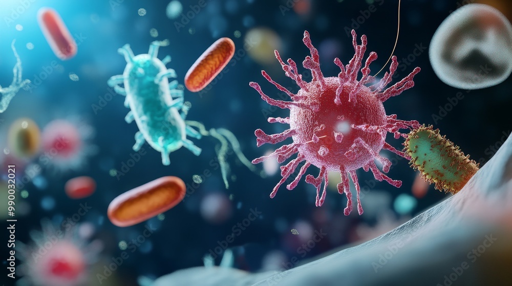 Poster a close-up view of colorful bacteria and viruses, showcasing their intricate structures and the dive