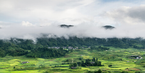 Aerial view of village and mountain