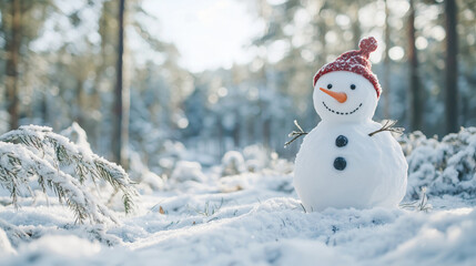 Obraz premium Snowman with winter hat standing in a forest