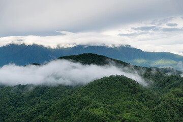 Landscape of mountain covered fog