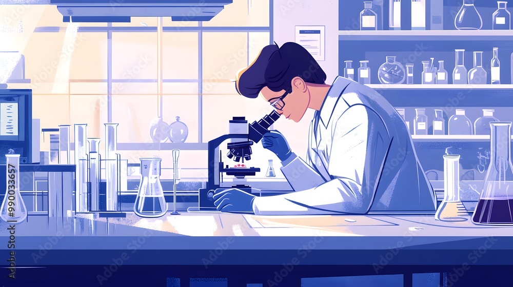 Poster scientist examining a specimen under a microscope in a laboratory setting