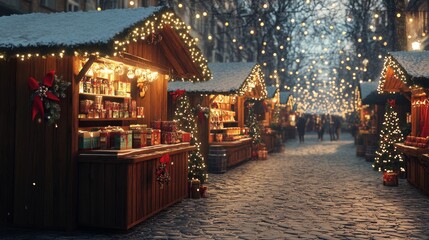 Obraz premium A cozy Christmas market stall with twinkling lights, snow-covered roof, and festive decorations.