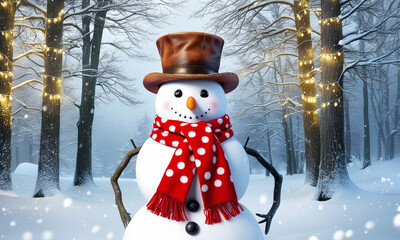 A cheerful snowman stands in a snowy park adorned with festive lights