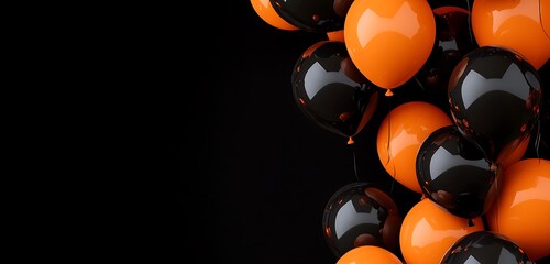 Spooky festive atmosphere with black and orange balloons on a black background.