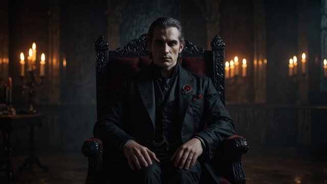 A gothic vampire lord sitting on a throne in a dark, candle-lit chamber, with shadows creeping along the walls.