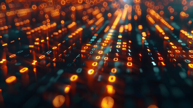 An abstract visualization of data flow with streams of light and binary code connecting various nodes, representing digital connectivity and information exchange. 8k UHD, suitable for high-quality 