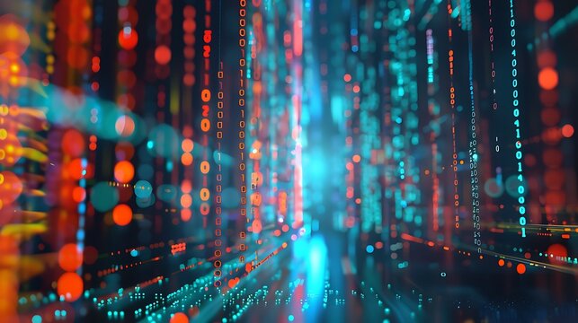 An abstract visualization of data flow with streams of light and binary code connecting various nodes, representing digital connectivity and information exchange. 8k UHD, suitable for high-quality 