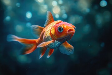 Fototapeta premium A Curious Goldfish Swimming in a Blue and Green Aquatic Environment