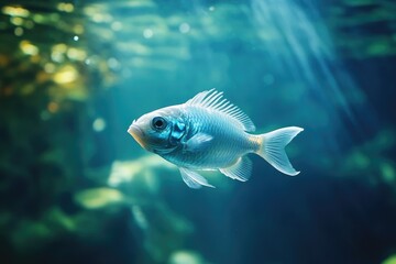 Fototapeta premium A Single Blue Fish Swimming in a Turquoise Aquatic Environment
