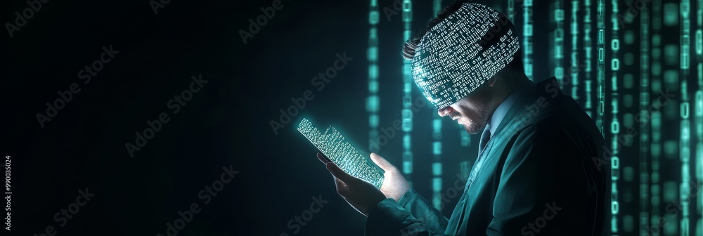 Poster a cybersecurity specialist focuses intently on a tablet, analyzing complex encrypted data. the backg