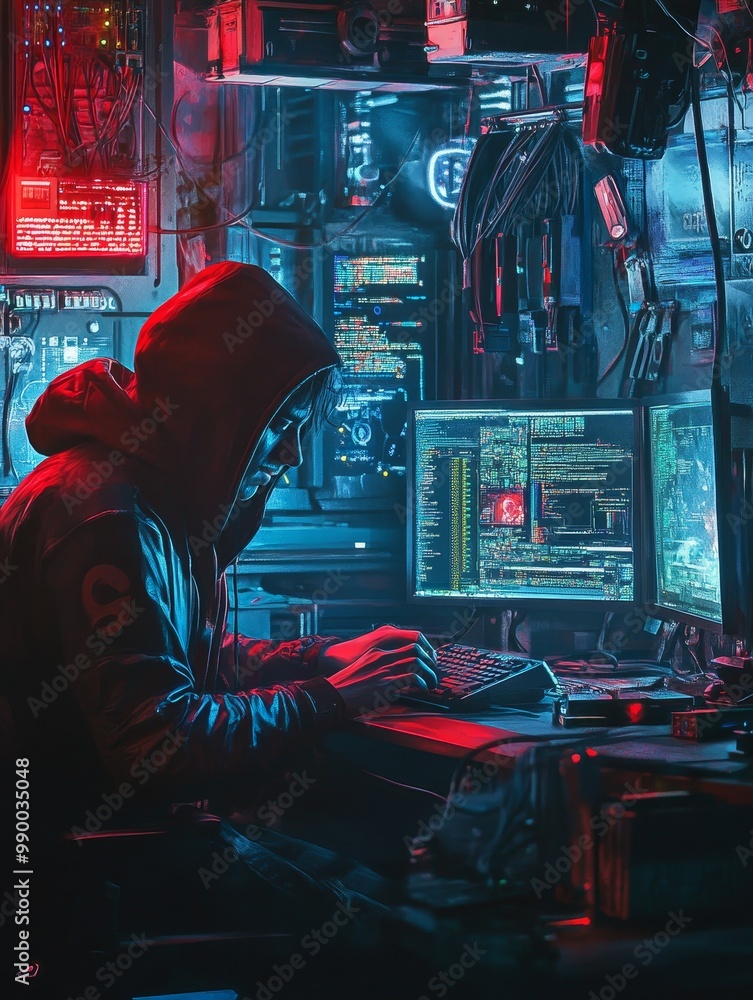 Poster a cyberpunk hacker works late into the night in a dimly lit room, surrounded by monitors displaying 