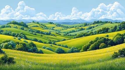 Obraz premium Rolling Green Hills with Blue Sky and Puffy Clouds