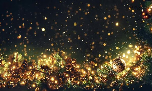 Plan rapproch&eacute; branche de sapin de No&euml;l avec guirlandes lumineuses, boules d&eacute;coratives et paillettes scintillantes, ambiance festive f&ecirc;tes de fin d'ann&eacute;e
