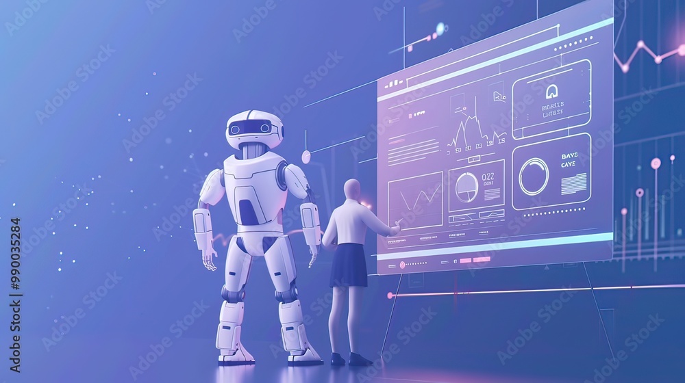 Poster a futuristic scene of a robot collaborating with a data scientist on a large data project.