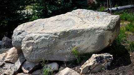flat stone podium on a rock platform serves as a stylish showcase against a backdrop of verdant forest scenery