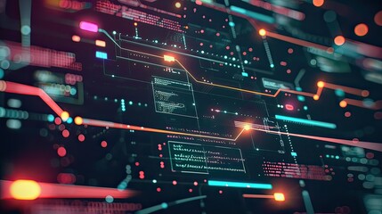 Obraz premium A digital interface showcasing machine learning algorithms with code snippets and flow diagrams. 