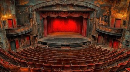 Obraz premium Abandoned Theater Interior with Stage and Red Curtains