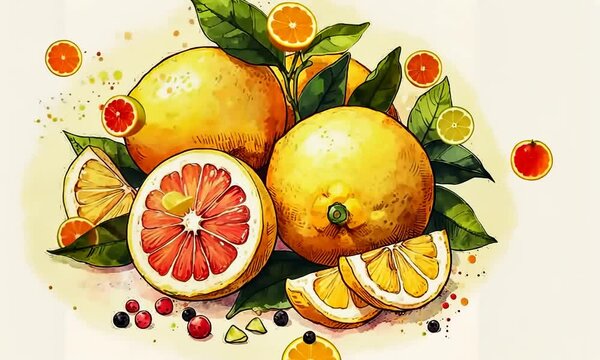 Citrons et oranges am&egrave;res qui &eacute;mergent d'une aquarelle de nature morte, nuances d&eacute;licates et une touche de fra&icirc;cheur m&eacute;diterran&eacute;enne