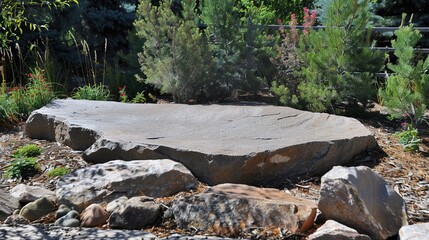 Obraz premium flat stone podium on a rock platform serves as a stylish showcase against a backdrop of verdant forest scenery