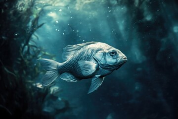Fototapeta premium A Single Fish Swimming in a Deep Blue Ocean Environment