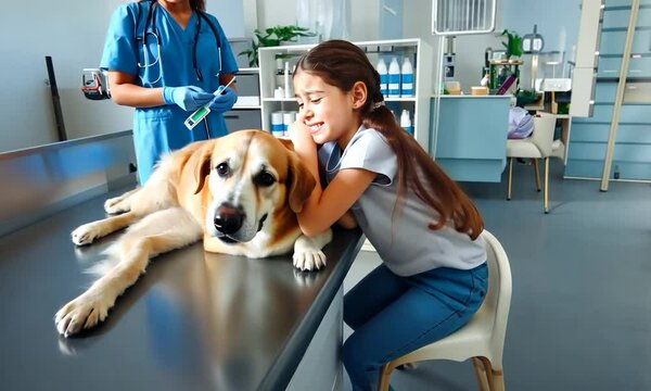 Chez le v&eacute;t&eacute;rinaire, petite fille qui cesse de pleurer alors que son golden retriever se rel&egrave;ve et est sauv&eacute; apr&egrave;s une injection faite par une femme v&eacute;t&eacute;rinaire, sc&egrave;ne &eacute;motive et r&eacute;confortante