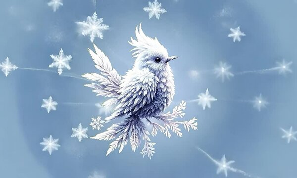 Flocons de neige et fleurs de givre apparaissant derri&egrave;re un petit oiseau m&eacute;sange hupp&eacute;e sculpt&eacute; en glace et neige, sur fond bleu, sc&egrave;ne hivernale douce et magique 