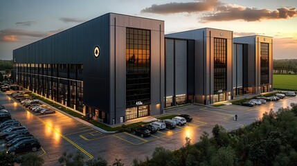 Modern Business Building with Parking Lot at Sunset