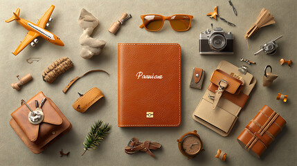 stylish arrangement of travel themed accessories, including personalized leather passport holder, sunglasses, camera, and various travel related items. This composition evokes sense of adventure and