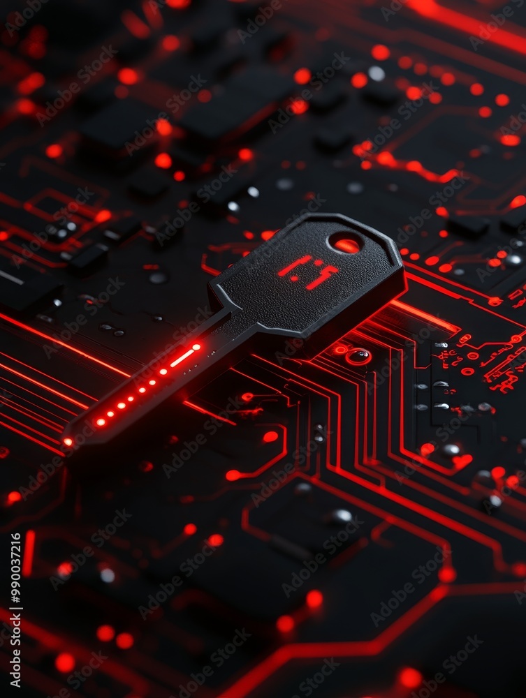 Poster a digital key with a glowing red light on a circuit board, symbolizing vulnerability and potential f