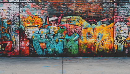 A graffiti-covered urban wall, showcasing vibrant colors, bold lines, and an edgy, artistic vibe